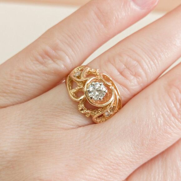 Vintage 14K Gold Brutalist Diamond Ring | Custom Artisan Cast | 0.43ctw | Size 7 - Picture 12 of 16